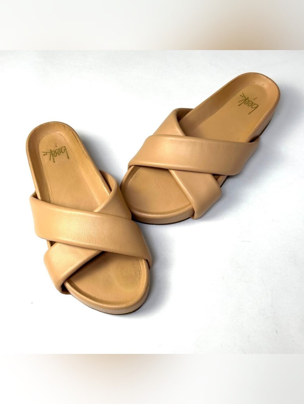 Beek Rhea Beach Leather Puffy Cross Strap Slide Sandals Nude Tan Women's Size 7